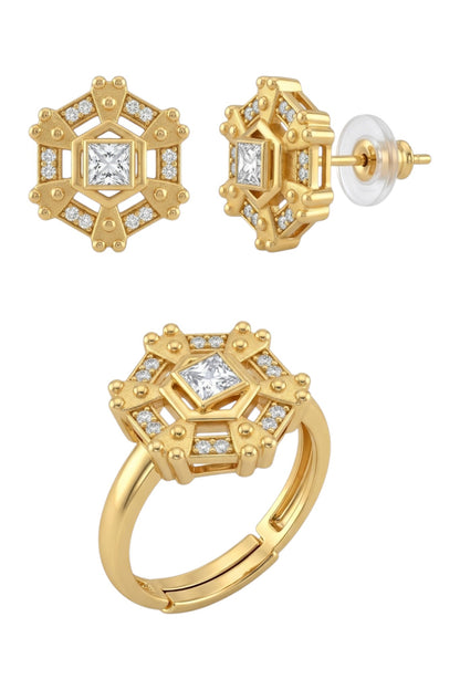 Gold-Toned Earrings and Ring Combo Set with Premium Sparkling Stone Finish for Women & Girls