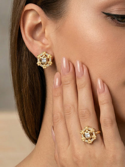 Gold-Toned Earrings and Ring Combo Set with Premium Sparkling Stone Finish for Women & Girls