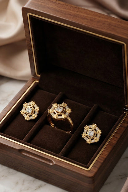Gold-Toned Earrings and Ring Combo Set with Premium Sparkling Stone Finish for Women & Girls