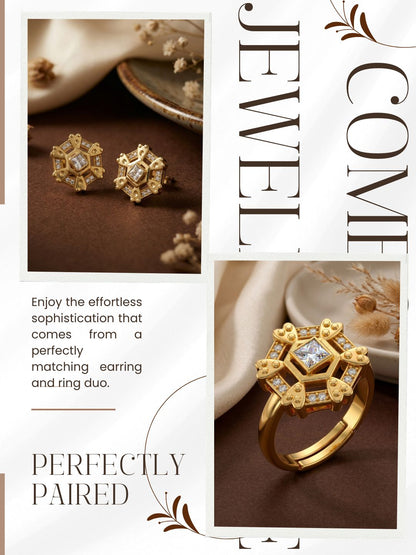 Gold-Toned Earrings and Ring Combo Set with Premium Sparkling Stone Finish for Women & Girls