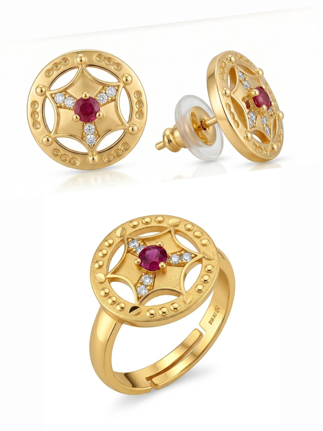 Gold-Toned Earrings and Ring Combo Set with Premium Sparkling Stone Finish for Women & Girls