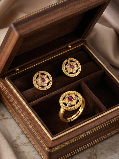 Gold-Toned Earrings and Ring Combo Set with Premium Sparkling Stone Finish for Women & Girls