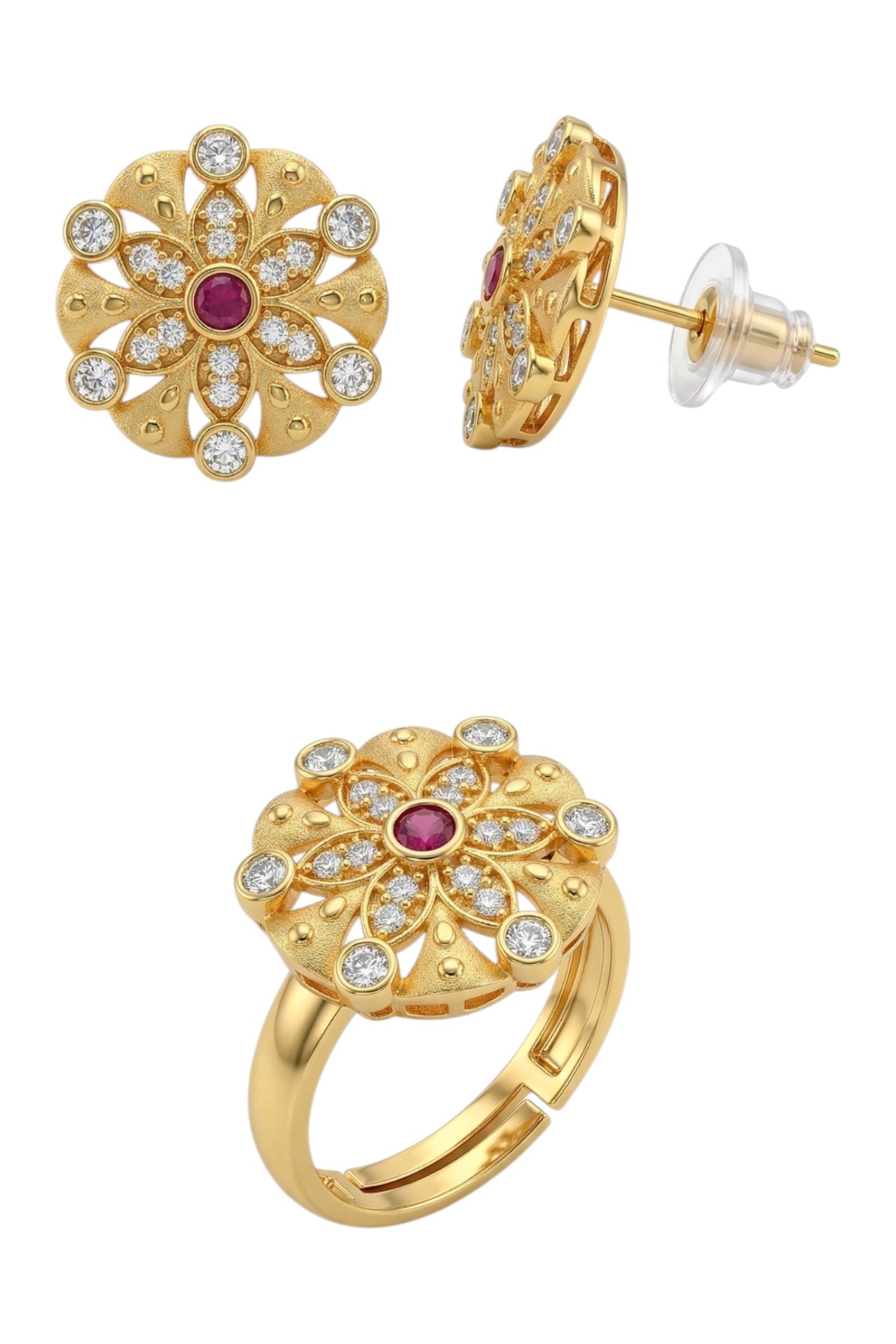 Gold-Toned Earrings and Ring Combo Set with Premium Sparkling Stone Finish for Women & Girls
