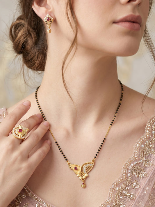 Gold-Plated Mangalsutra with Adjustable Ring and Earrings Combo Set