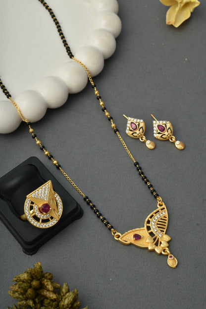 Gold-Plated Mangalsutra with Adjustable Ring and Earrings Combo Set