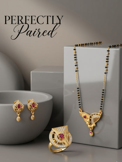 Gold-Plated Mangalsutra with Adjustable Ring and Earrings Combo Set
