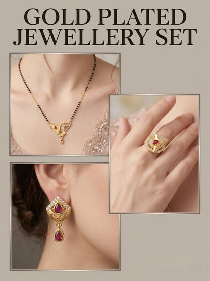 Gold-Plated Mangalsutra with Adjustable Ring and Earrings Combo Set