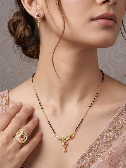 Gold-Plated Mangalsutra with Adjustable Ring and Earrings Combo Set