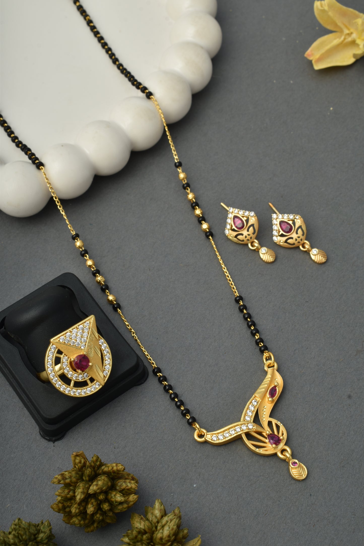 Gold-Plated Mangalsutra with Adjustable Ring and Earrings Combo Set