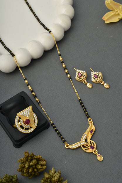 Gold-Plated Mangalsutra with Adjustable Ring and Earrings Combo Set