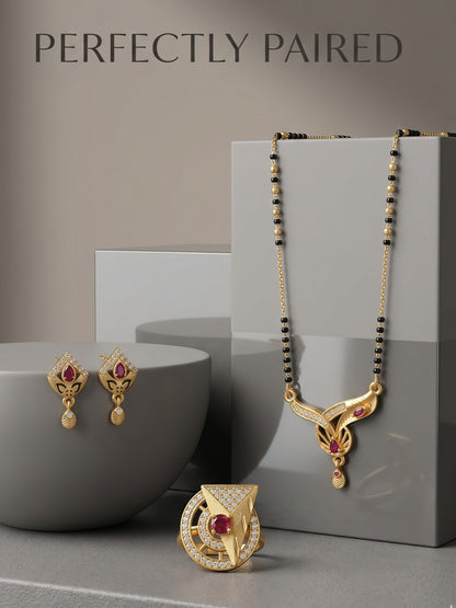 Gold-Plated Mangalsutra with Adjustable Ring and Earrings Combo Set