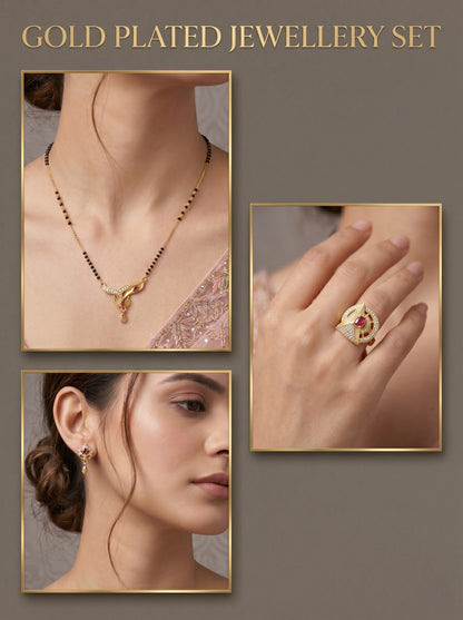 Gold-Plated Mangalsutra with Adjustable Ring and Earrings Combo Set