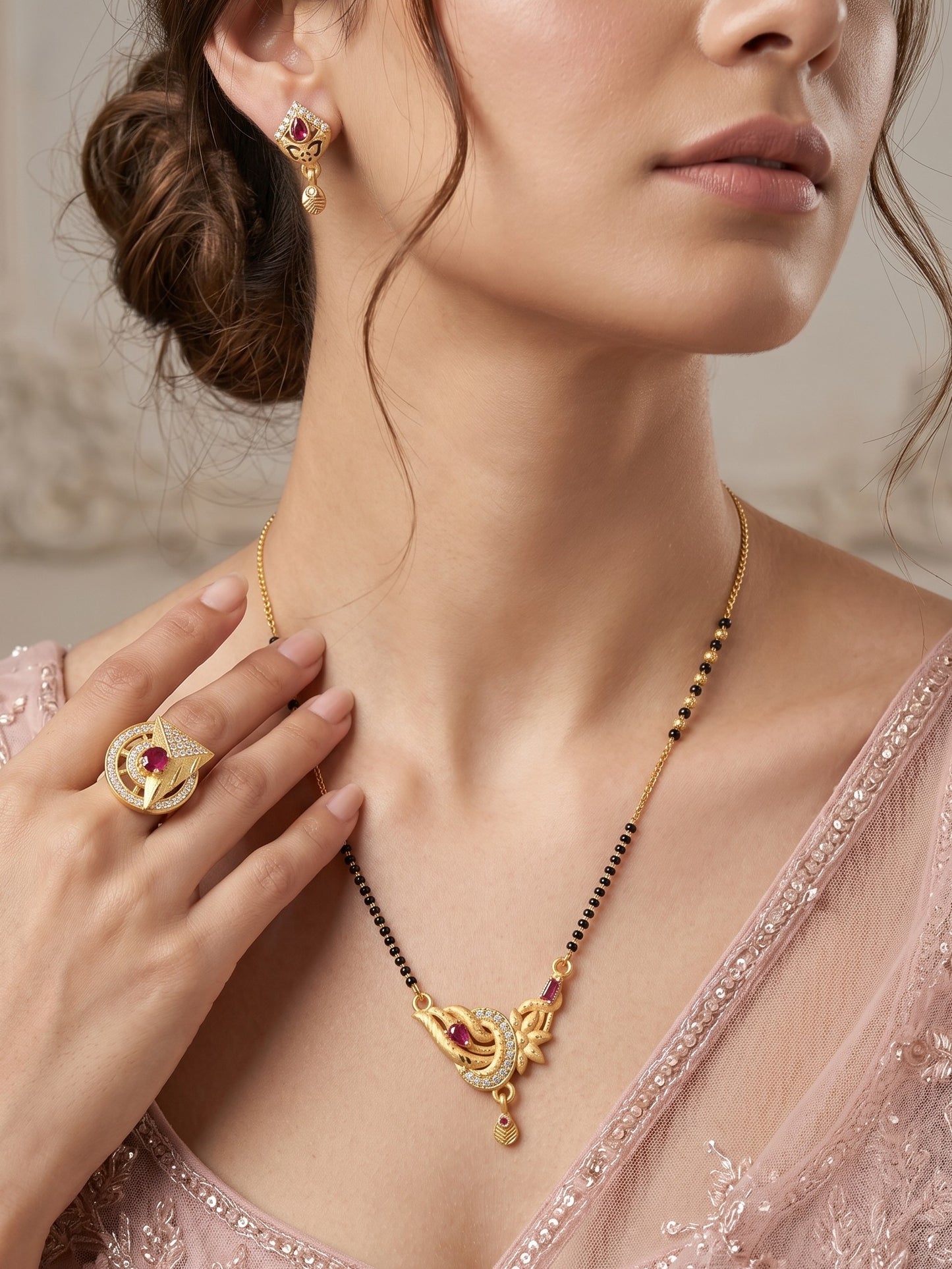 Gold-Plated Mangalsutra with Adjustable Ring and Earrings Combo Set