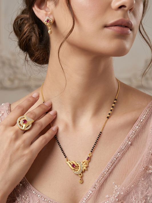 Gold-Plated Mangalsutra with Adjustable Ring and Earrings Combo Set