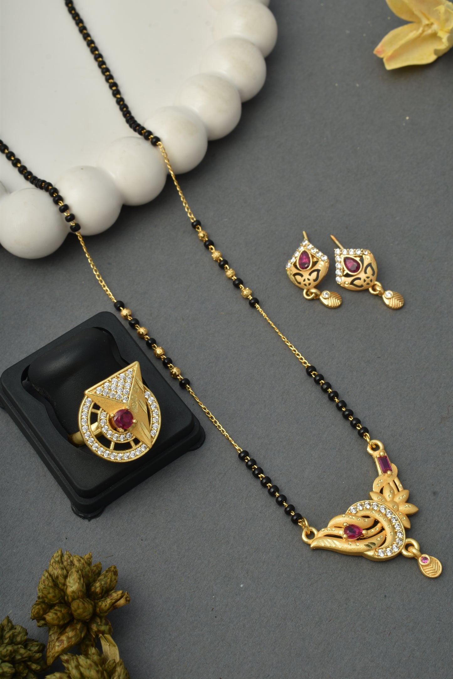 Gold-Plated Mangalsutra with Adjustable Ring and Earrings Combo Set