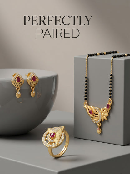 Gold-Plated Mangalsutra with Adjustable Ring and Earrings Combo Set