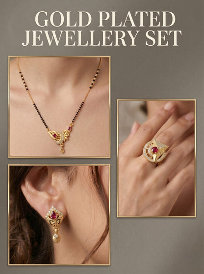 Gold-Plated Mangalsutra with Adjustable Ring and Earrings Combo Set