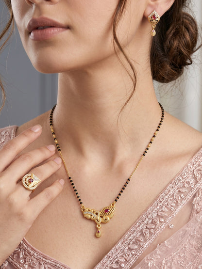 Gold-Plated Mangalsutra with Adjustable Ring and Earrings Combo Set