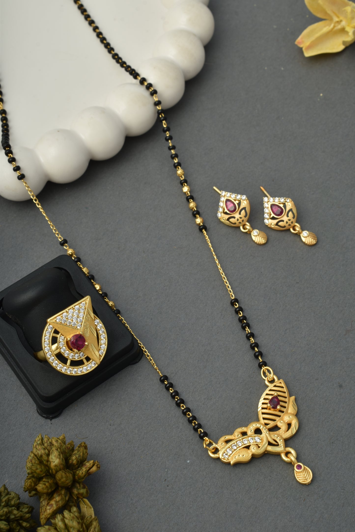 Gold-Plated Mangalsutra with Adjustable Ring and Earrings Combo Set