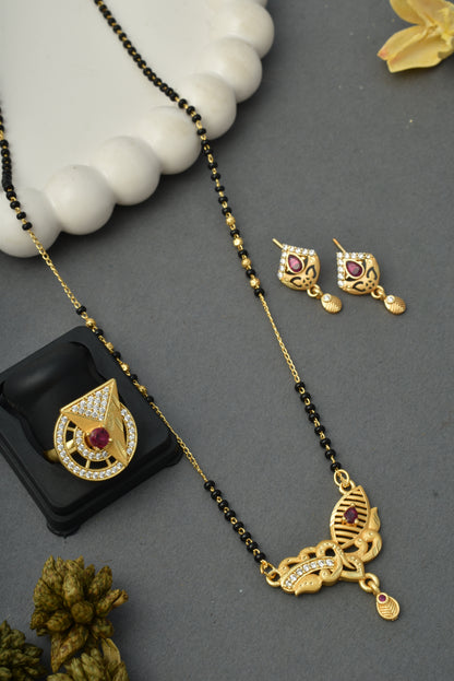 Gold-Plated Mangalsutra with Adjustable Ring and Earrings Combo Set