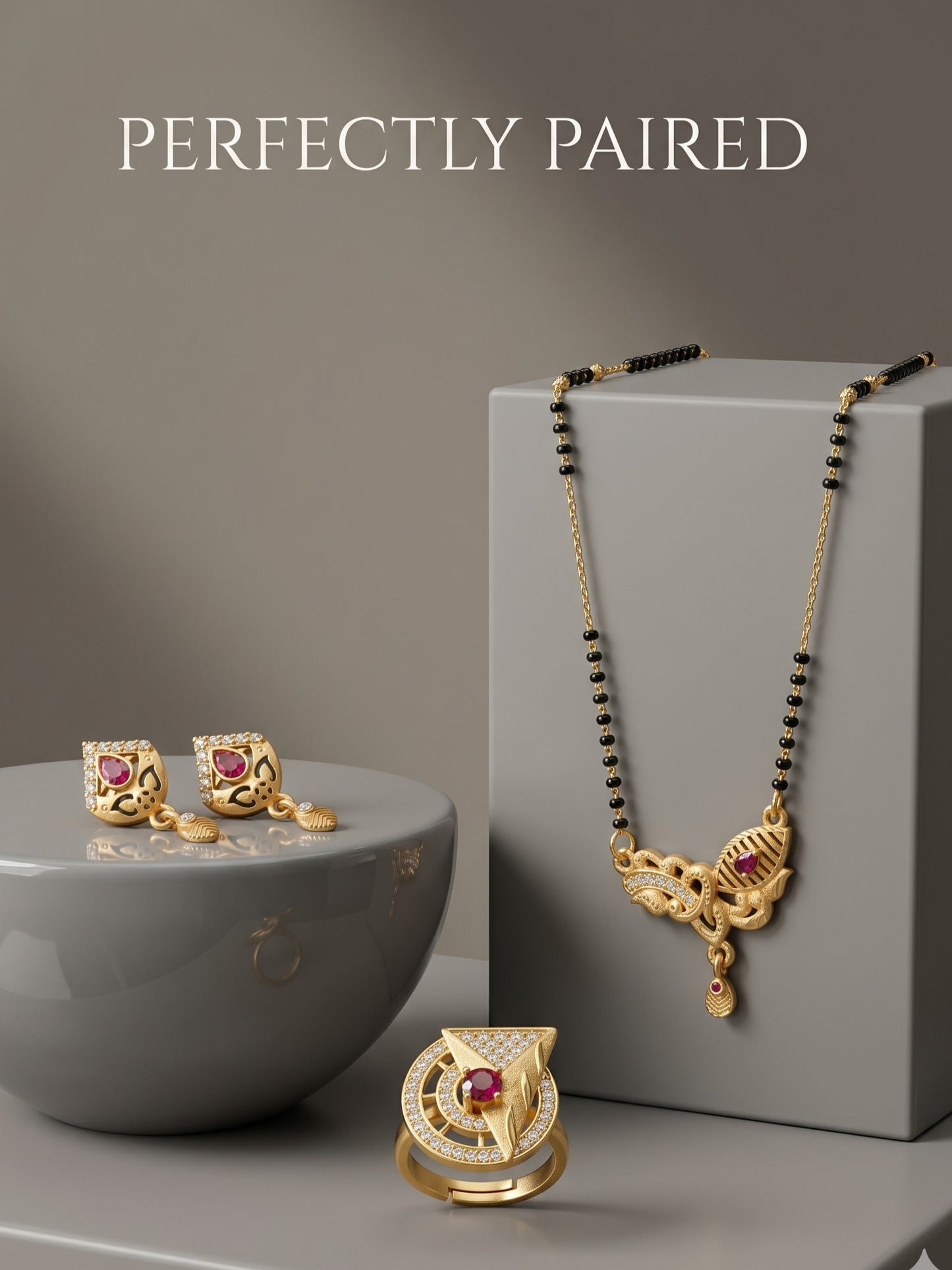 Gold-Plated Mangalsutra with Adjustable Ring and Earrings Combo Set