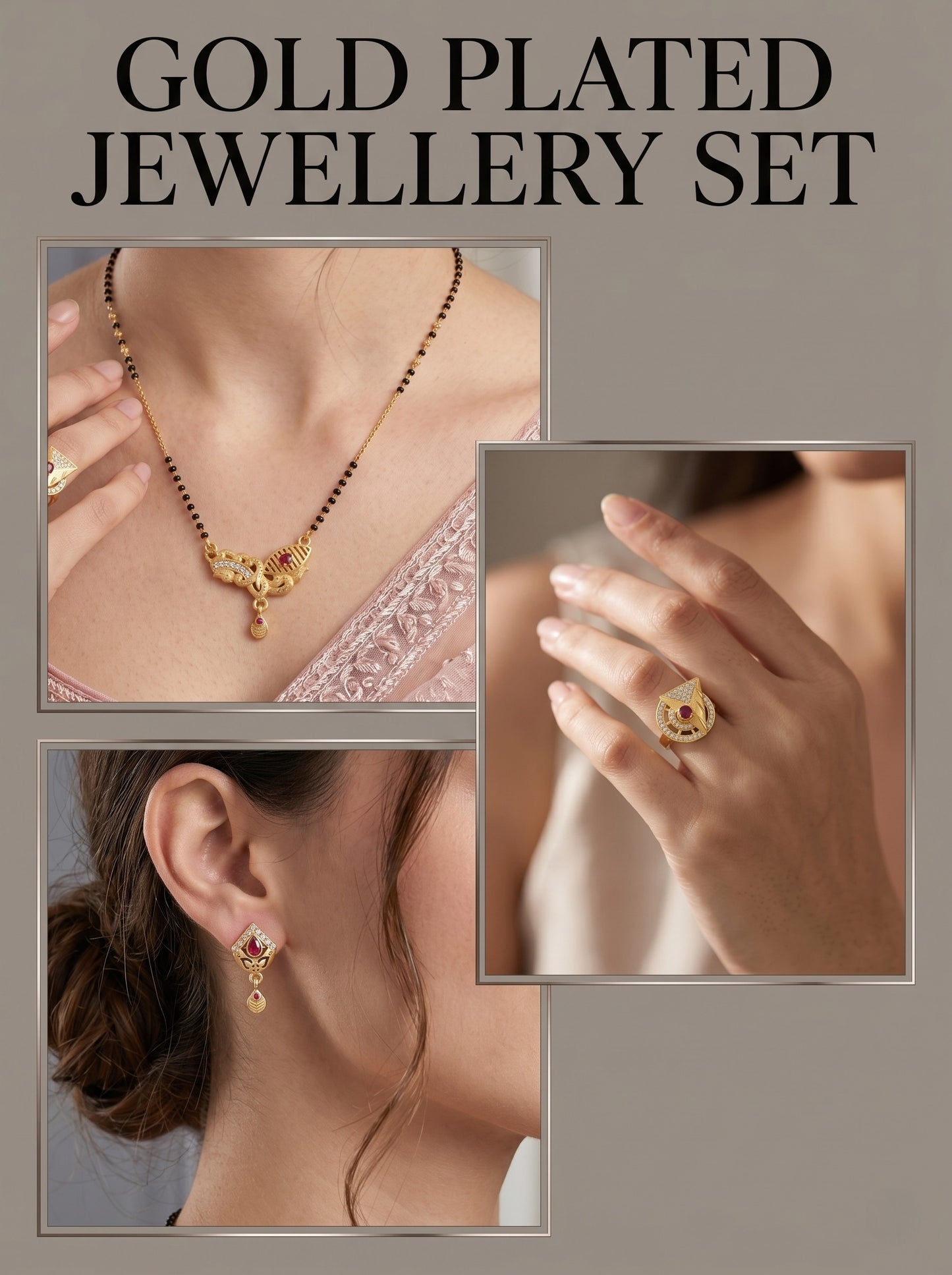 Gold-Plated Mangalsutra with Adjustable Ring and Earrings Combo Set