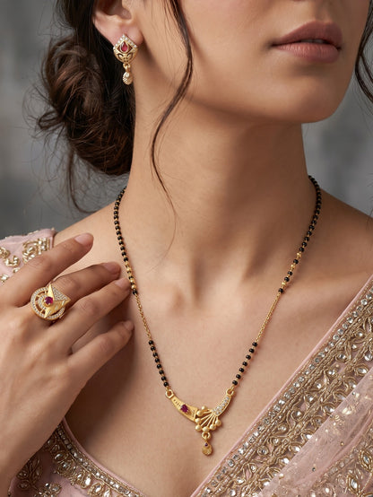 Gold-Plated Mangalsutra with Adjustable Ring and Earrings Combo Set