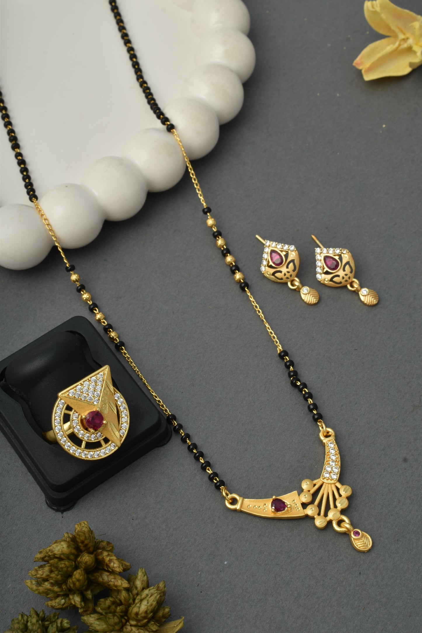 Gold-Plated Mangalsutra with Adjustable Ring and Earrings Combo Set