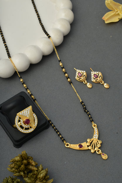 Gold-Plated Mangalsutra with Adjustable Ring and Earrings Combo Set