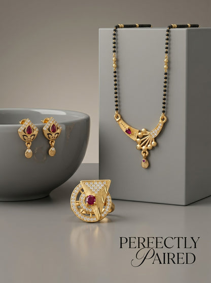 Gold-Plated Mangalsutra with Adjustable Ring and Earrings Combo Set