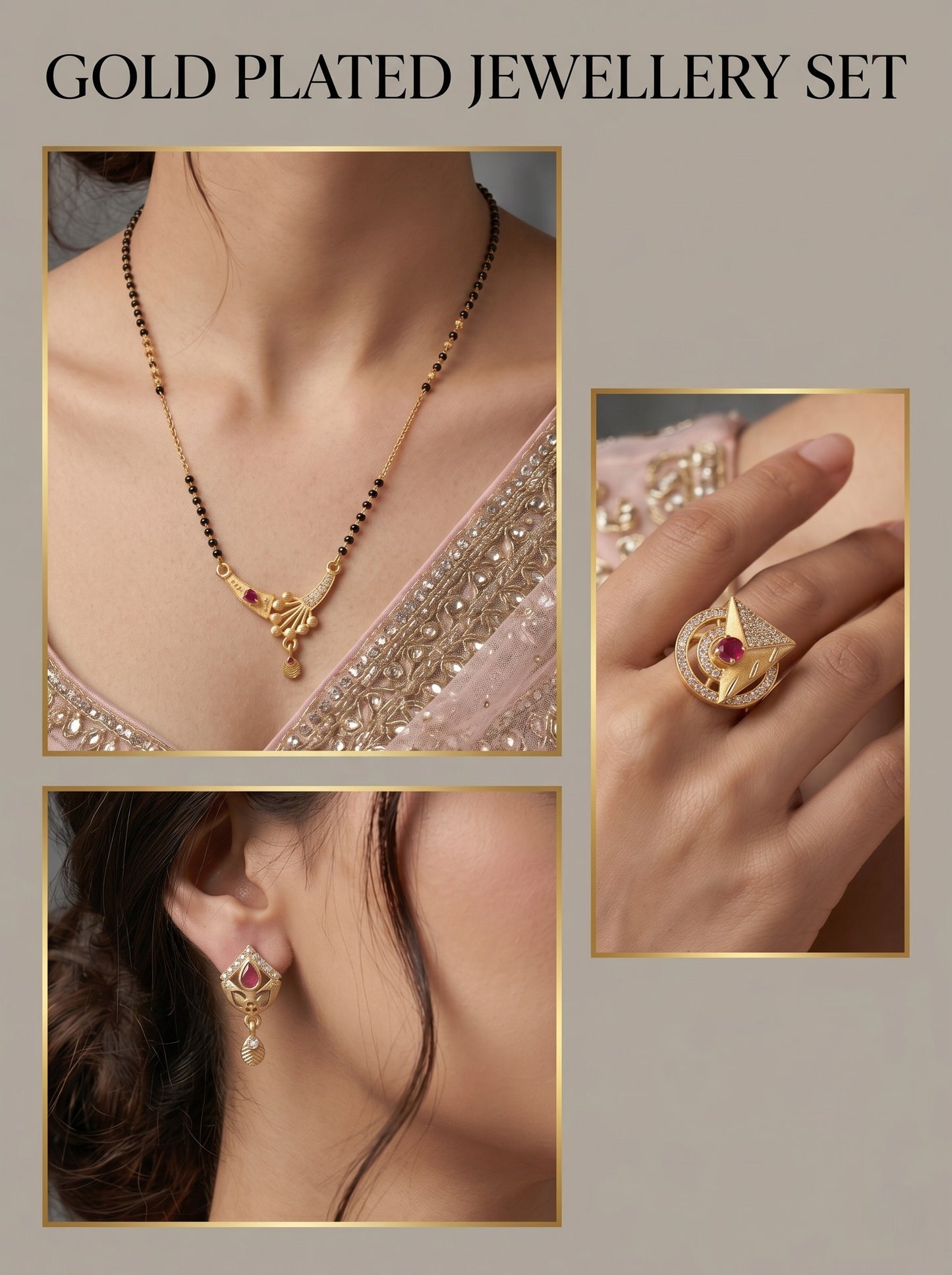 Gold-Plated Mangalsutra with Adjustable Ring and Earrings Combo Set