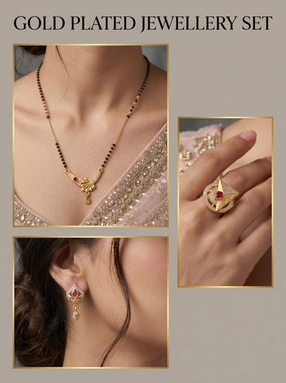 Gold-Plated Mangalsutra with Adjustable Ring and Earrings Combo Set