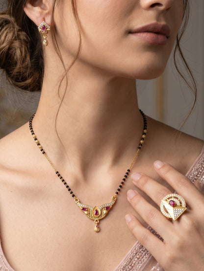 Gold-Plated Mangalsutra with Adjustable Ring and Earrings Combo Set
