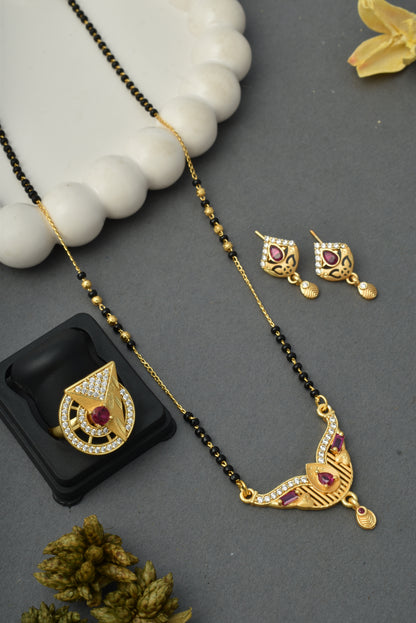 Gold-Plated Mangalsutra with Adjustable Ring and Earrings Combo Set