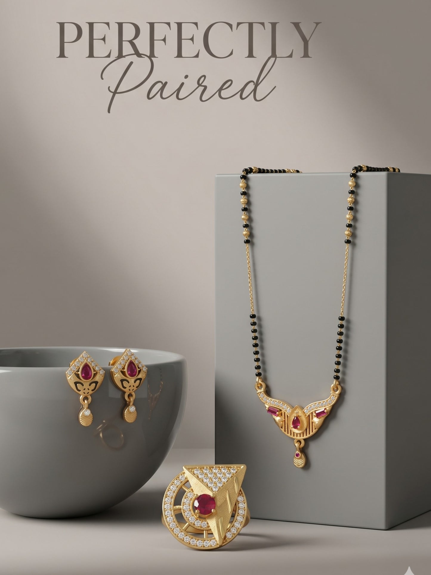 Gold-Plated Mangalsutra with Adjustable Ring and Earrings Combo Set