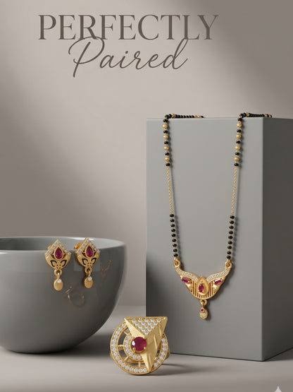 Gold-Plated Mangalsutra with Adjustable Ring and Earrings Combo Set