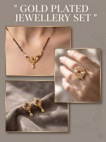 Gold-Plated Mangalsutra with Adjustable Ring and Earrings Combo Set