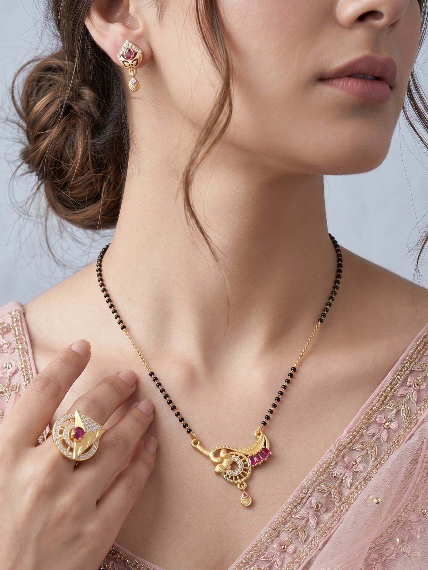 Gold-Plated Mangalsutra with Adjustable Ring and Earrings Combo Set
