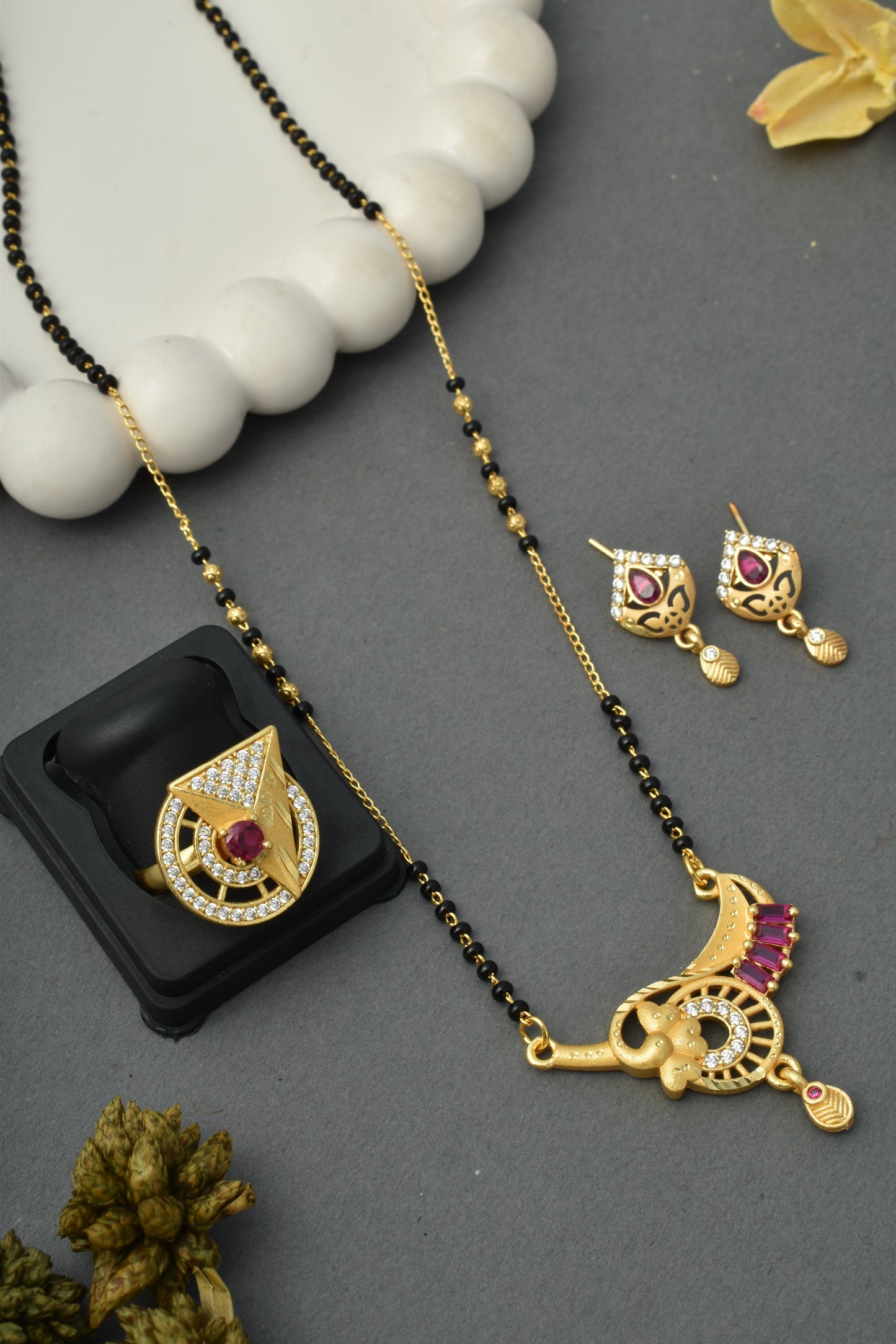 Gold-Plated Mangalsutra with Adjustable Ring and Earrings Combo Set