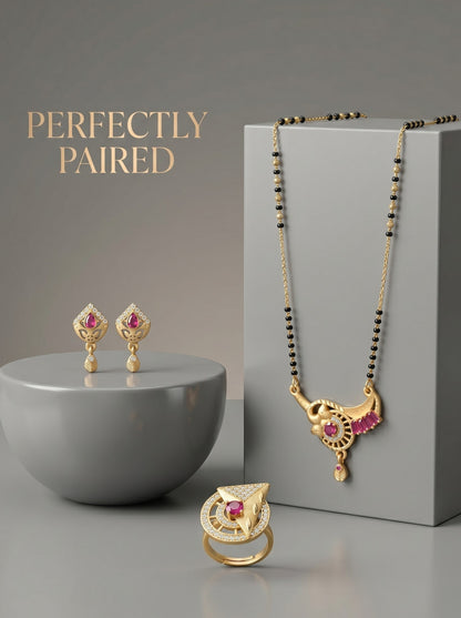 Gold-Plated Mangalsutra with Adjustable Ring and Earrings Combo Set