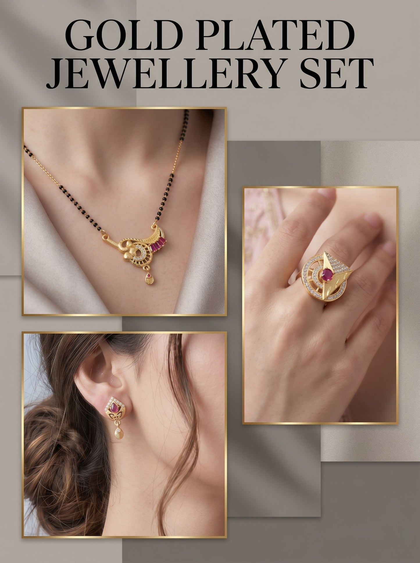 Gold-Plated Mangalsutra with Adjustable Ring and Earrings Combo Set