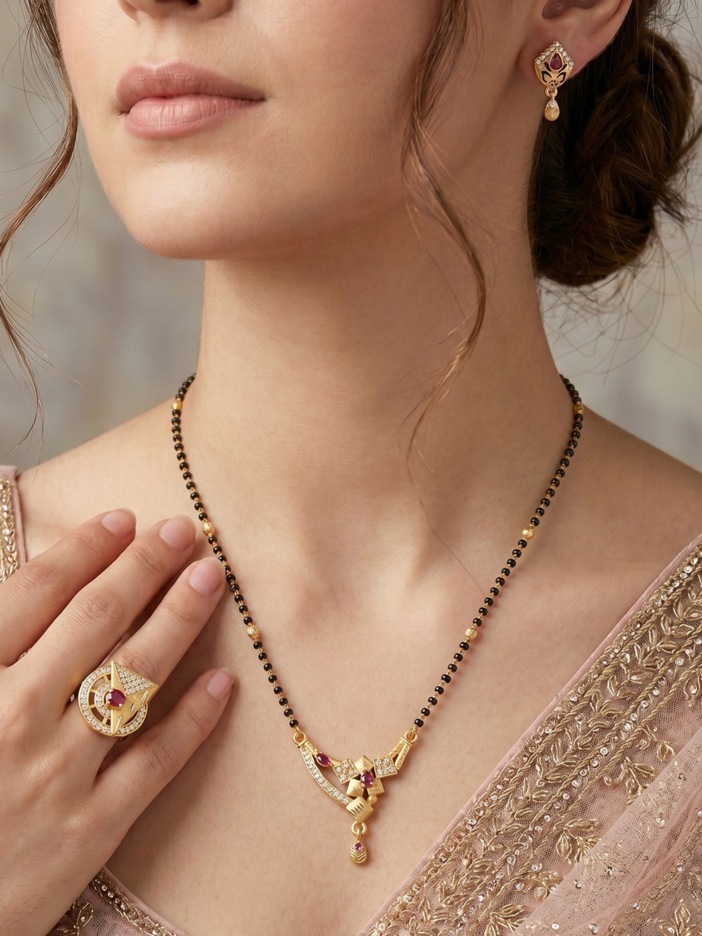 Gold-Plated Mangalsutra with Adjustable Ring and Earrings Combo Set