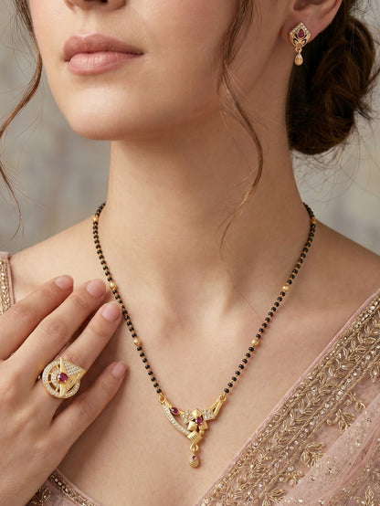 Gold-Plated Mangalsutra with Adjustable Ring and Earrings Combo Set