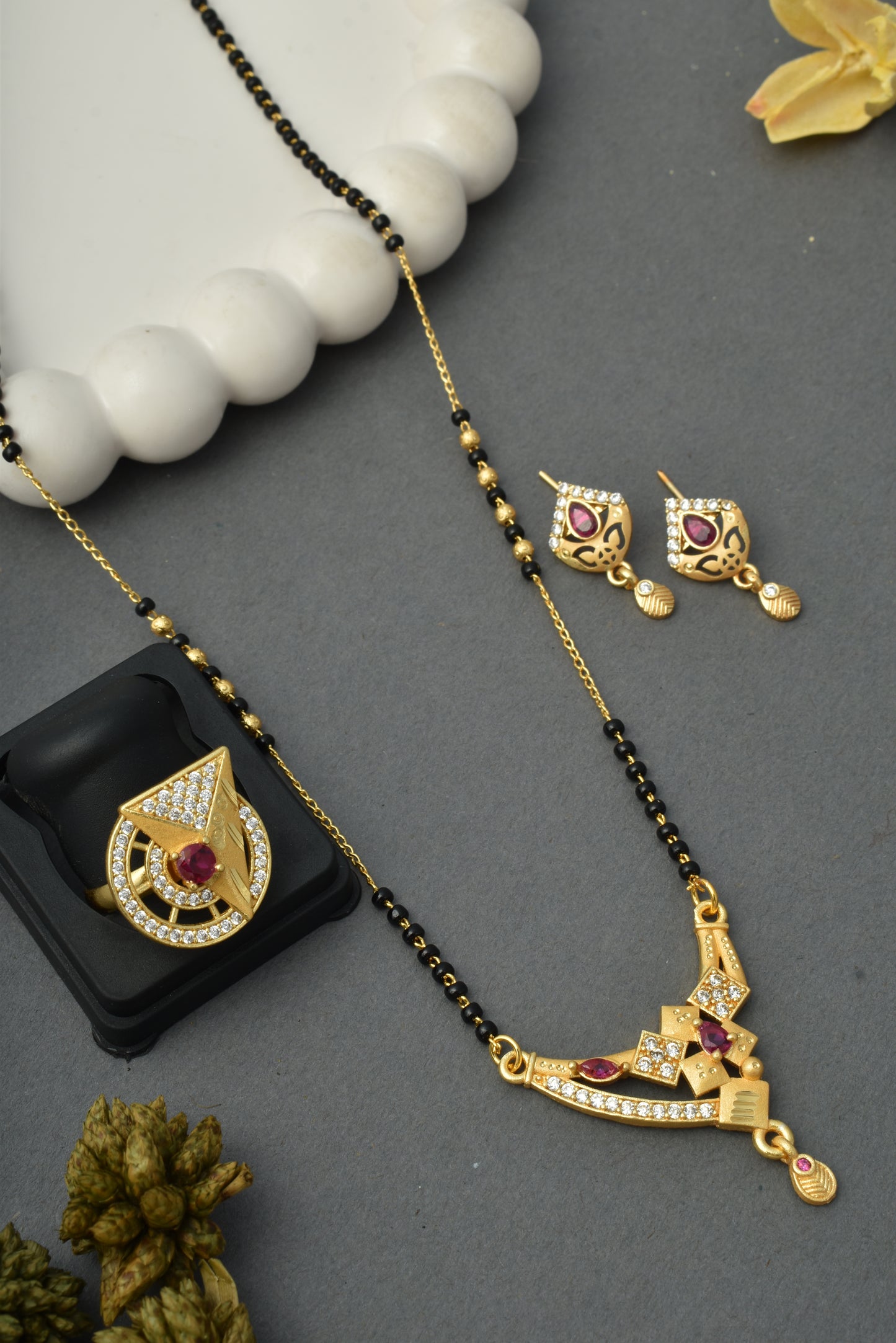 Gold-Plated Mangalsutra with Adjustable Ring and Earrings Combo Set