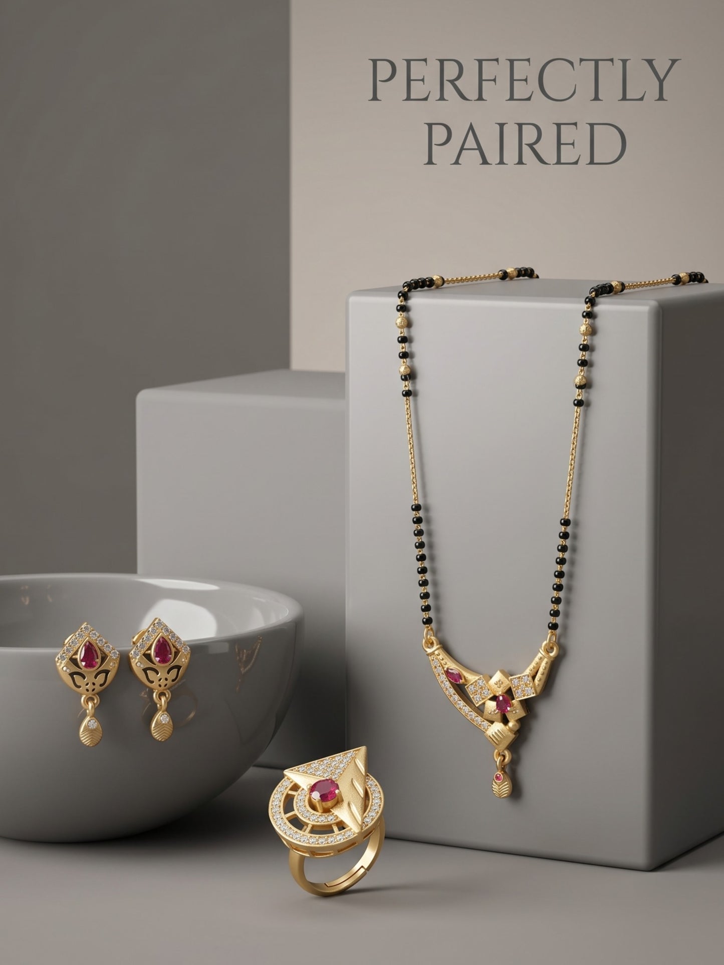 Gold-Plated Mangalsutra with Adjustable Ring and Earrings Combo Set