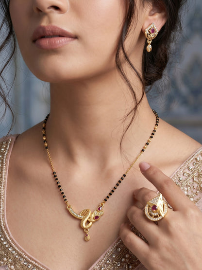 Gold-Plated Mangalsutra with Adjustable Ring and Earrings Combo Set