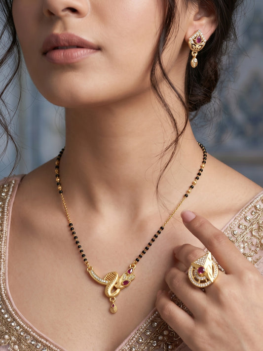 Gold-Plated Mangalsutra with Adjustable Ring and Earrings Combo Set