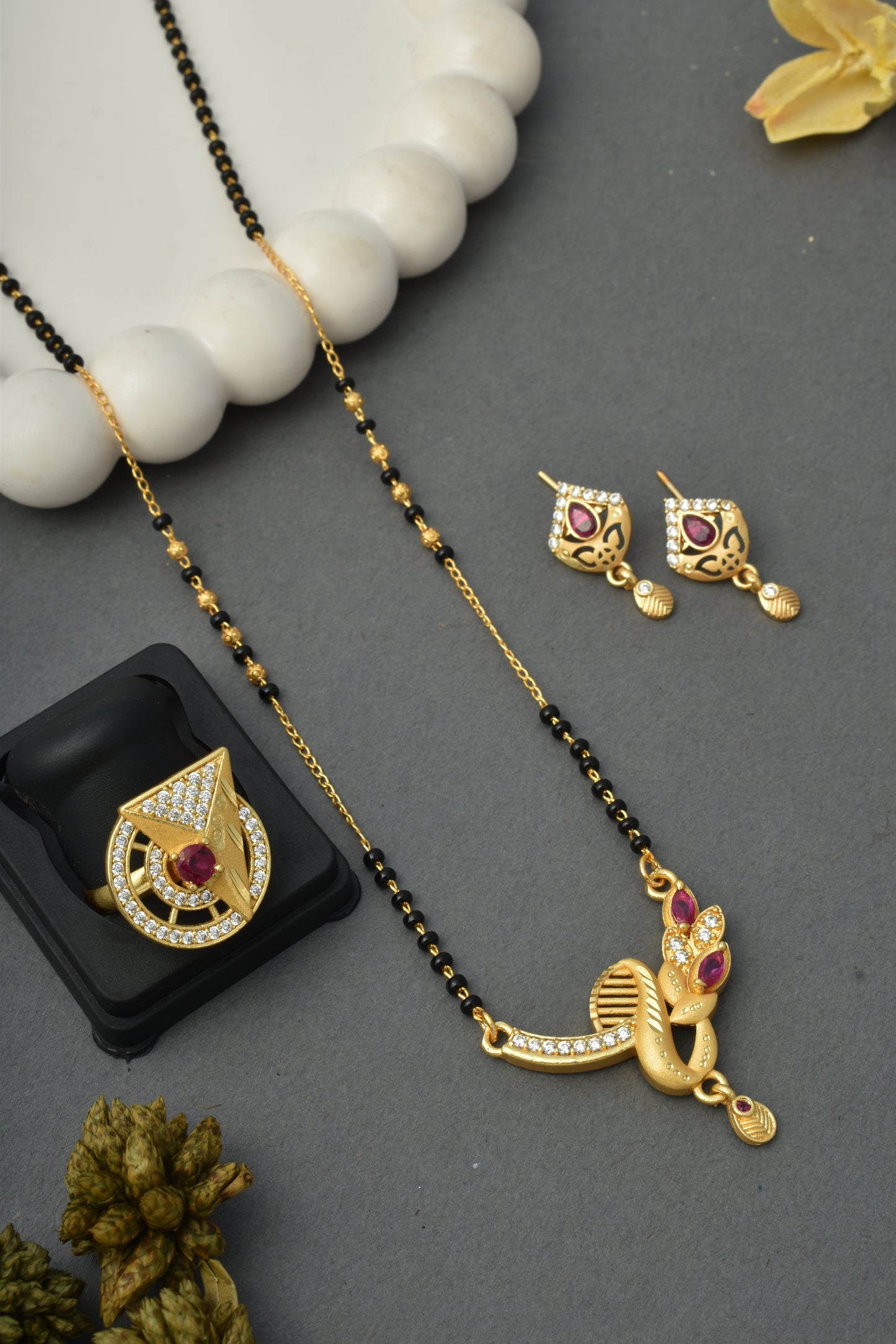 Gold-Plated Mangalsutra with Adjustable Ring and Earrings Combo Set