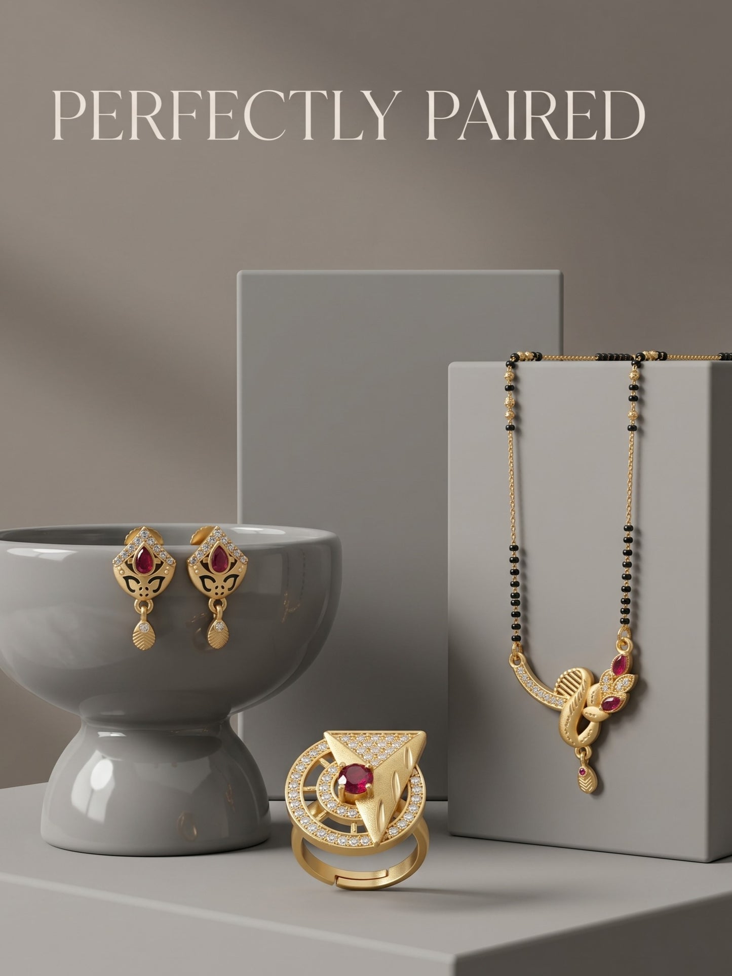 Gold-Plated Mangalsutra with Adjustable Ring and Earrings Combo Set