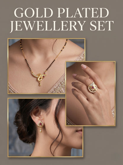 Gold-Plated Mangalsutra with Adjustable Ring and Earrings Combo Set